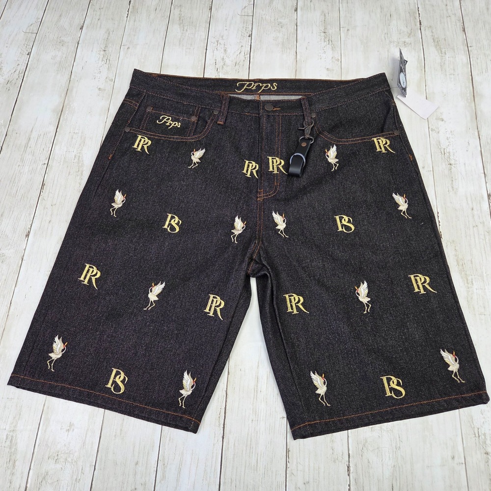 Sz 38 Men PRPS Demin Shorts Black Gold E111P56ESH - New